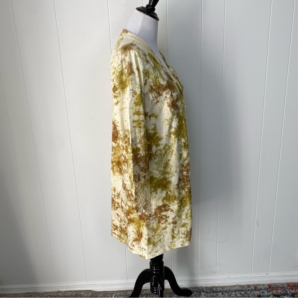 LOGO Lori Goldstein Lavish Cream Brown Tie-Dye Crochet Lace Duster Pockets Sz M - Picture 7 of 16